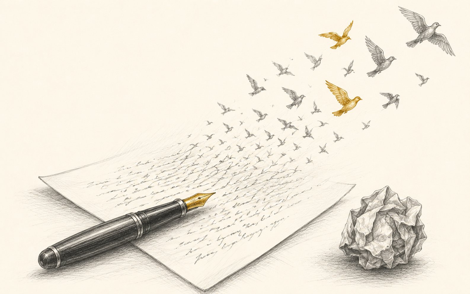 Pencil illustration: a fountain pen on a handwritten letter, the words lifting off the page as a flight of birds