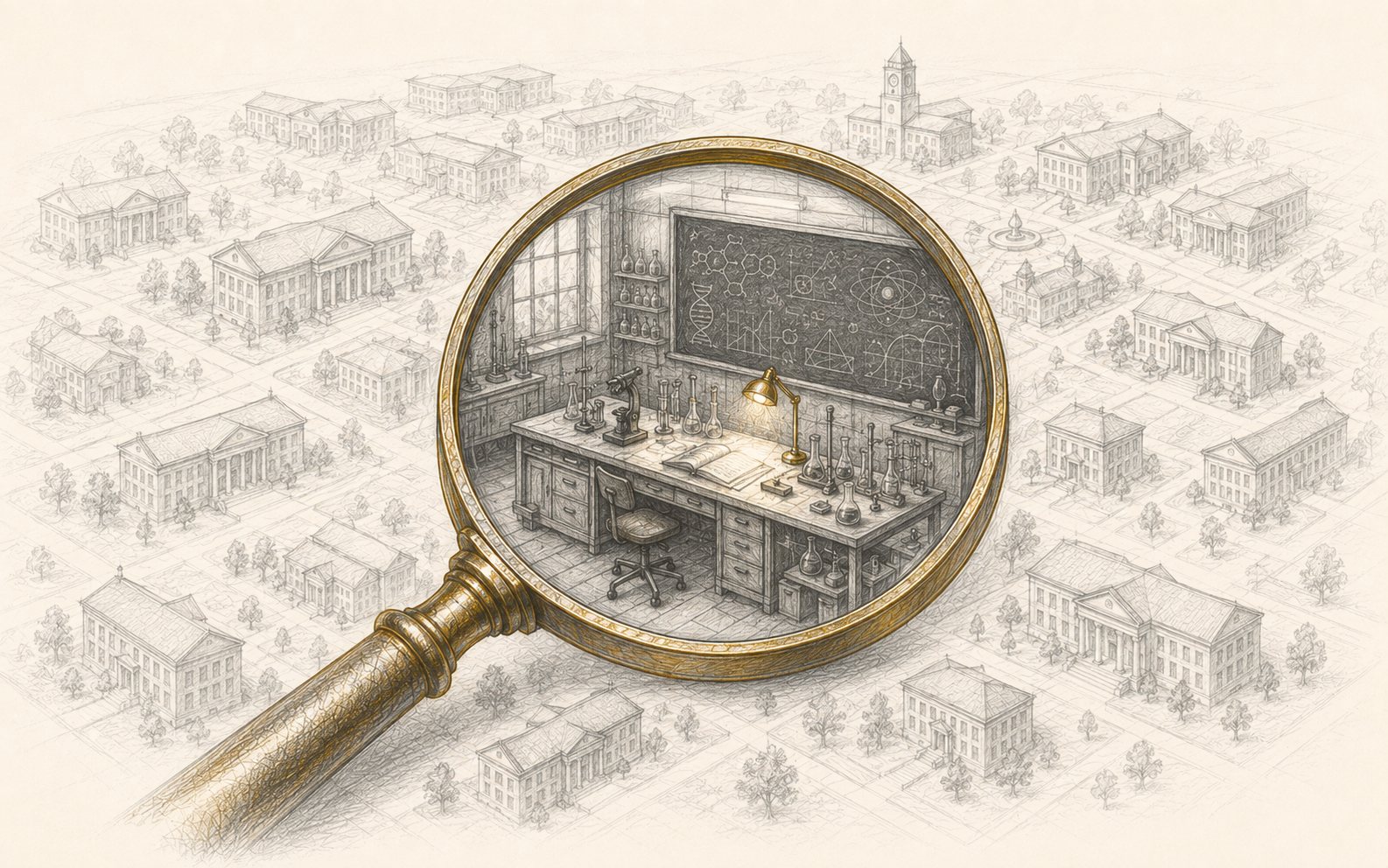 Pencil illustration: a magnifying glass over a faint campus of identical buildings, resolving one sharp, alive laboratory inside the lens