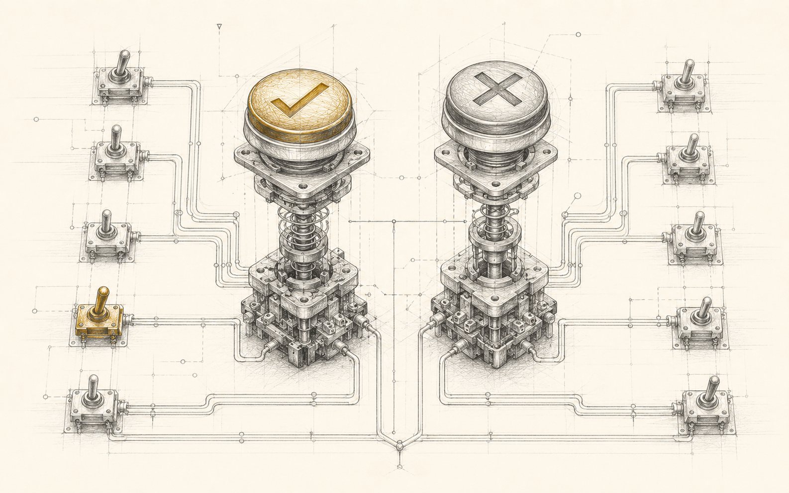 Pencil schematic: approve and reject buttons wired to a series of switches — the circuit completes only when every switch is closed